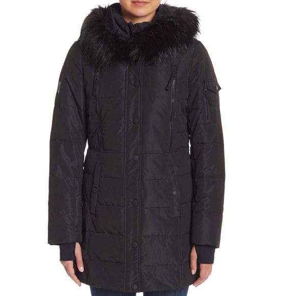 black faux fur puffer coat